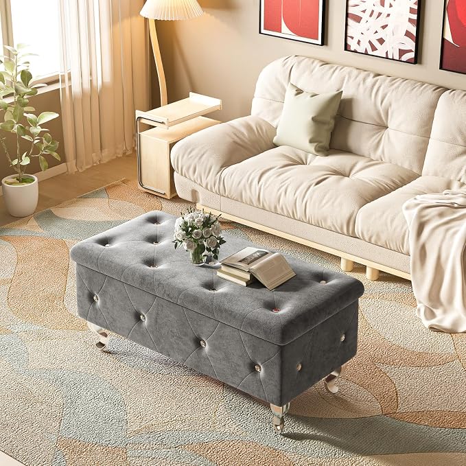 Recaceik Ottoman with Storage, Small Upholstered Storage Bench for Bedroom, Ottoman Bench with Legs for Living Room, End of Bed, Entryway, Window, Grey
