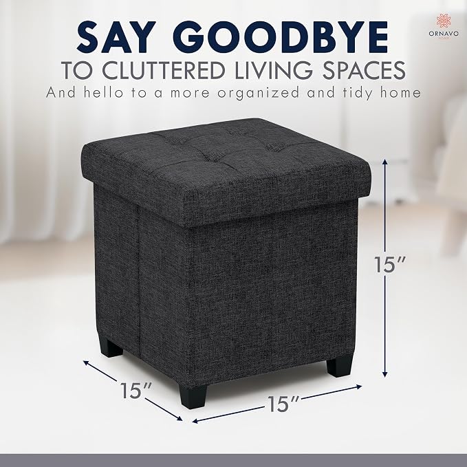 Ornavo Home Square Cube Storage Ottoman with Legs, 15x15x15, Black | Foot Rest Stool Seat; Holds Up to 600 lbs; Ideal for Living Room, Bedroom, Home Office or Dorm