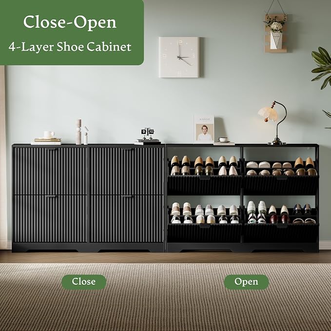 Xixini Shoe Storage Cabinet for Entryway with 4 Flip Drawers, Hidden Slim Wood Shoe Organizer with Modern Fluted Panel, Freestanding Narrow Shoe Rack for Front Door Entrance, Hallway, Foyer, Black