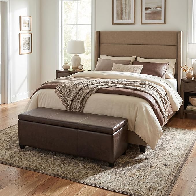 SIMPLIHOME Avalon Storage Ottoman Bench - 48" Wide x 16" High Upholstered Vegan Leather Rectangular Lift-Top Ottoman in Distressed Brown, Contemporary Bench for Living Room with High-Density Foam