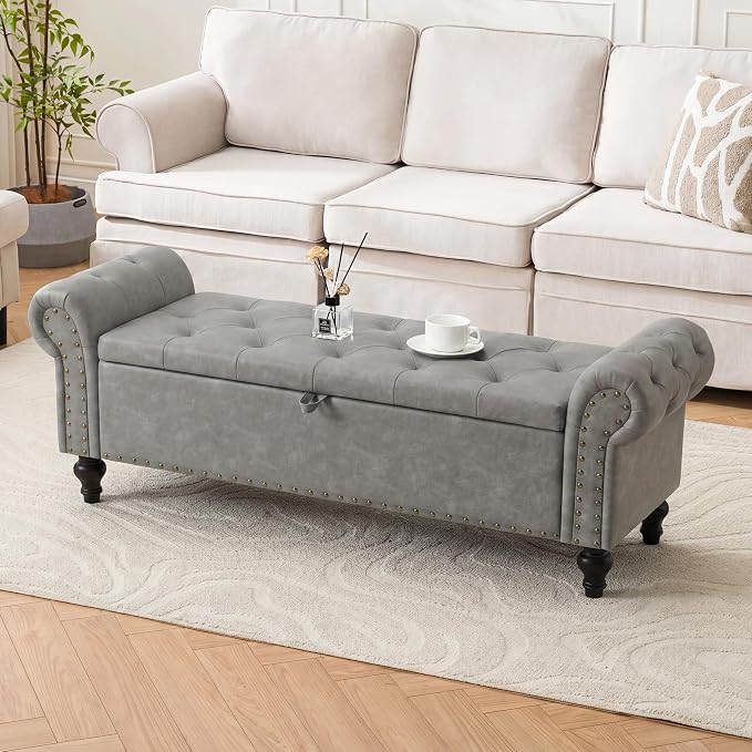 55" Storage Bench for Bedroom, Upholstered Ottoman Bench, Leather LightGray | End of Bed Bench for Bedroom, Window Benches for Living Room, Entryway, Ottoman with Large Storage Space, Pet Friendly