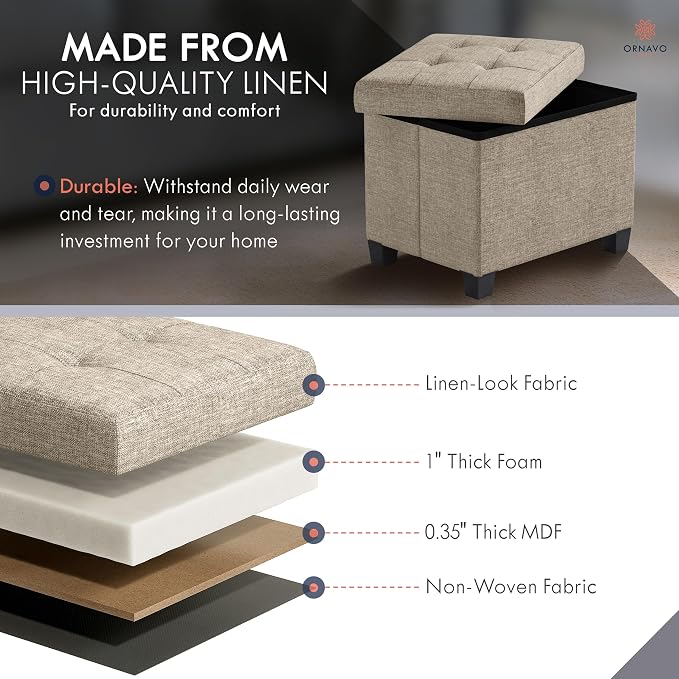Ornavo Home Small Rectangle Storage Ottoman with Legs, 12x16x12, Tan/Taupe | Foot Rest Stool Seat; Holds Up to 600 lbs; Ideal for Living Room, Bedroom, Home Office or Dorm