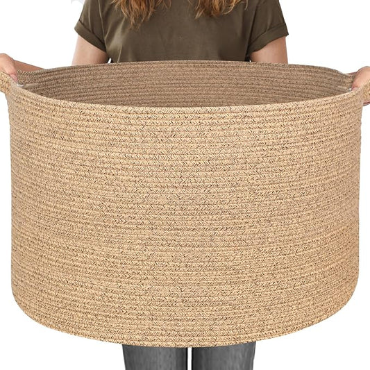 115L Extra Large Storage Basket, 23.6"x15.7" Woven Cotton Rope Basket, Giant Kids Dog Toy Bin, XXXL Boho Blanket Pillow Holder for Living Room, Brown Variegated Woven Baskets for Organizing