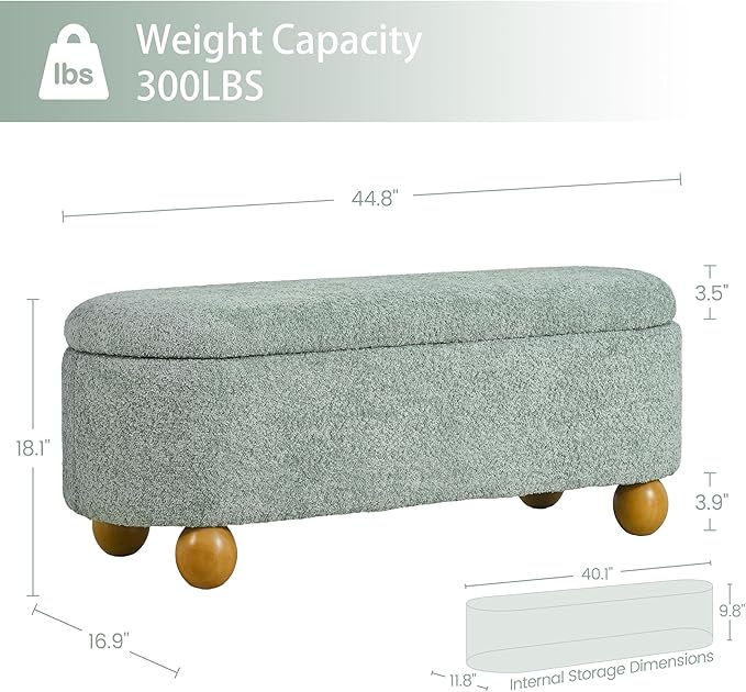VKNOW 44.8" Storage Ottoman Bench End of Bed Bench with Hinge, Light Green | Cute Spherical Solid Wood Stool Legs, Comfortable Fabric, No Assembly, Bedroom Living Room Entryway Dressing Areas