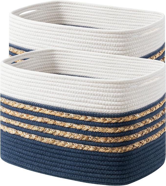 UBBCARE 2 Pack Baskets for Organizing, Woven Storage Baskets for Toys and Towel, Rectangle Cotton Rope Basket with Handles, 14''L x 8''W x9''H, Navy Blue