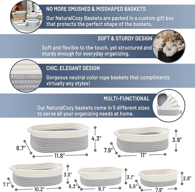 NaturalCozy 5-Piece Rectangle Storage Basket Set- Natural Cotton Rope Woven Baskets for Organizing! Small Basket for Montessori, Baby Nursery, Dog Toy Baskets, Cat Toy Box, Bathroom Organization Bin