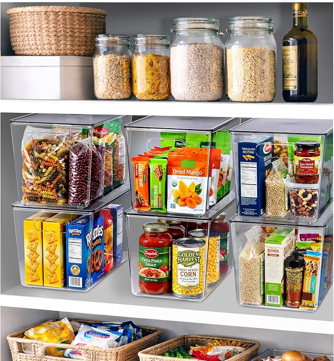 Clear Storage Bins with Lids, 8 Pack X-Large Stackable Clear Bins, Clear Storage Containers with Lids, Plastic Organizer Boxes for Pantry Storage, Kitchen Cabinets, Closet Organization, Bathroom