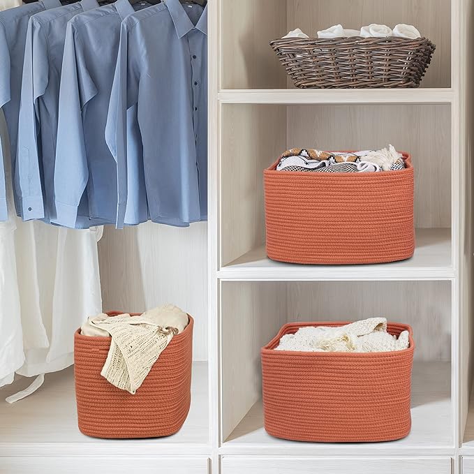 XUANGUO Woven Cotton Rope Storage Baskets 15x10x9.3" 3 Pack Rust | Decorative rectangular baskets for shelves and closets; storage bins help organize clothes, toys, books and nursery items.
