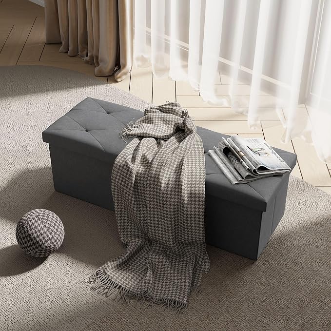 VECELO 43'' Folding Storage Ottoman Bench, Storage Chest, Linen Fabric Foot Rest Stool, 158L Storage Footstools for Bedroom and Living Room, Holds up to 660 lbs, DGray