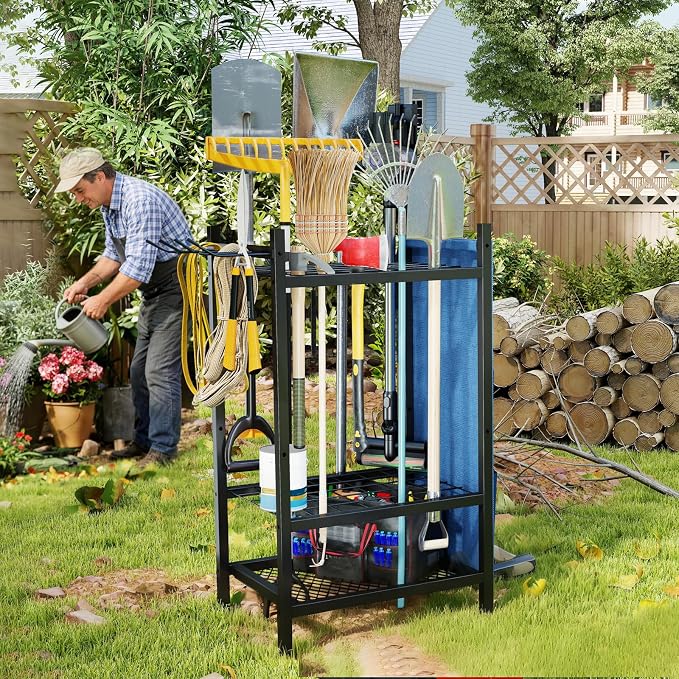 Garden Tool Organizer, Garden Yard Tool Rack for Garage, Garage Organization and Storage, Metal Yard Tools Storage up to 46 Tools/Rake/Broom/shovel/, Suitable for Garage, Yard, Patio, Shed