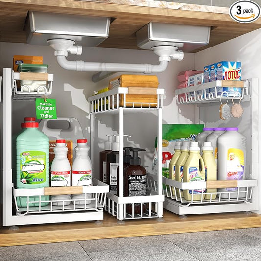 Sevenblue 3 Pack Under Sink Organizer, Height Adjustable 2 Tier Pull-Out Metal Under Kitchen Sink Organizer, Multi-Purpose Storage Shelves for Kitchen Bathroom Cabinet, White