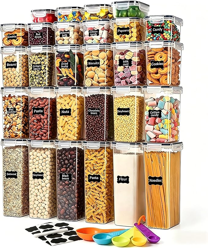 28pcs Airtight Containers, Clear Stackable Dry Food Storage | clear airtight containers with tight lids keep dry food fresh. Safe plastic, stackable for pantry kitchen storage