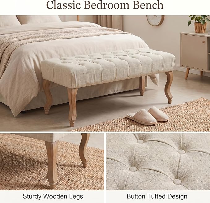 40" Accent Bench, Upholstered Tufted Ottoman Bench French Vintage Entryway Bench Linen Fabric Padded Bench with Distressed Wood Legs for Dining Room, Foyer, Living Room, Bedroom, Beige