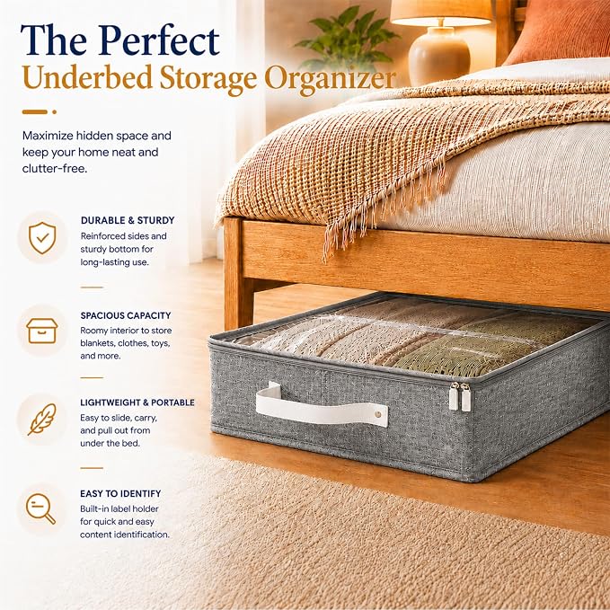 2pc Under Bed Storage Containers, Bedroom Under the Bed Drawer Storage Organizer with Bins and Lids, Large Underbed Clothes Storage Box Ideal for Blanket, Fabric, & Shoes (LightGray)