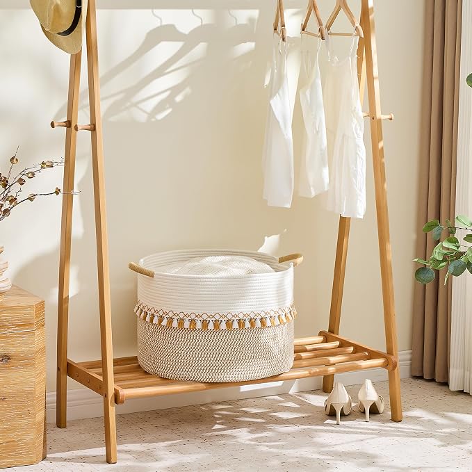 KAKAMAY Large Blanket Basket with Handles, Storage Basket for Living Room | Extra Large Capacity | Natural Cotton Rope | Blanket Storage | Woven Storage Basket | Stuffed Animal Storage | Laundry Basket