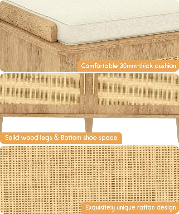 Akxomel 31.5" Rattan Shoe Storage Bench 2 Doors Wooden Entryway Bench Oak | 2 Tier Shoe Bench with Padded Cushion, Adjustable Shelves and 2 Doors, Solid Wood Legs, for Hallway, Living Room, Bedroom