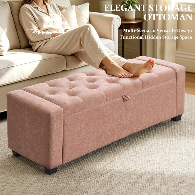 Royal Windsor 48" Ottoman with Storage,Tufted Storage Bench with Safety Hinge,Holds up to 350 lb,Upholstered Bench with Seating for Bedroom,Living Room,Entryway,Linen Pink