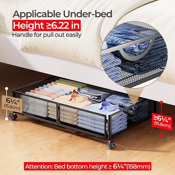 Yecaye Under Bed Storage with Wheels, 4 Pack Under Bed Shoe Storage Organizer Drawer, Tool-free Assembly Metal Underbed Storage Containers for Clothes, Shoes, Toys, Black