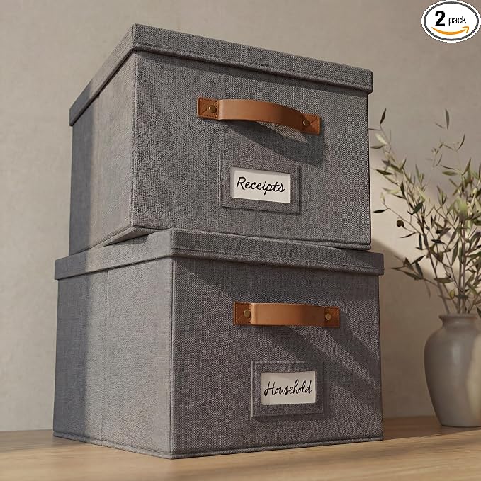 Decorative File Organizer Box Set of 2 - Collapsible Linen Filing Cabinets | Stores Documents and Hanging File Folders - Portable Office Crates with Lid and Handles for Easy Slide Access
