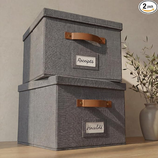Decorative File Organizer Box Set of 2 - Collapsible Linen Filing Cabinets | Stores Documents and Hanging File Folders - Portable Office Crates with Lid and Handles for Easy Slide Access