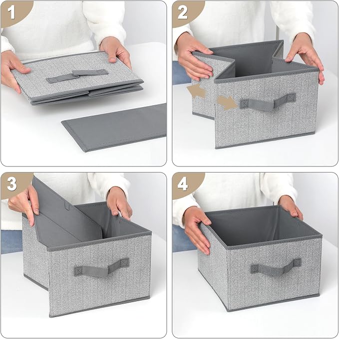11 inch Storage Baskets, Woven Fabric Bins, Storage Cubes with Reinforced Handles, Organizer Bins for Closet Shelves, Foldable, for Clothes (Gray, 4PCS/11*11*7.8inch)