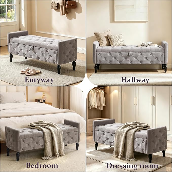 Royal Windsor 48" Ottoman with Storage,Tufted Storage Bench with Safety Hinge,Holds up to 350 lb,Black Wood Legs,Upholstered Bench with Arms for Bedroom,Living Room,Entryway,Linen Light Gray