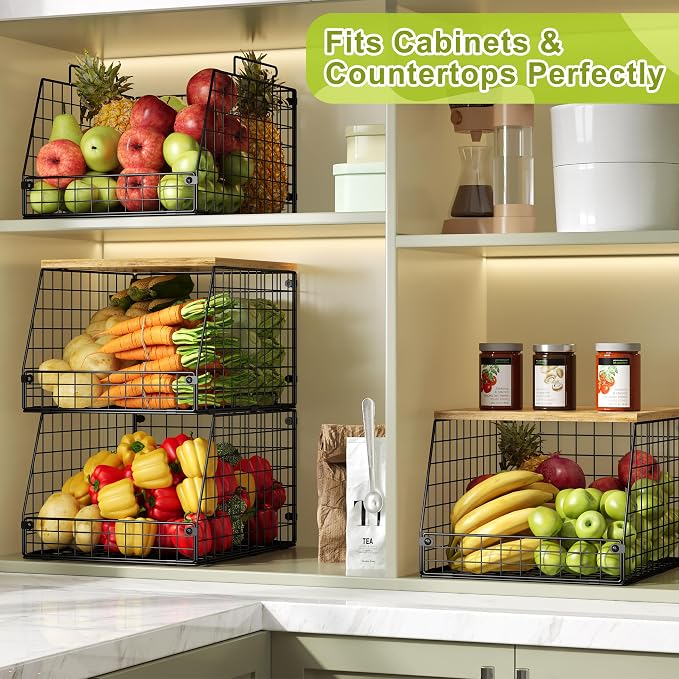 Jakyitvi 4 Pack Stackable Wire Baskets with Fixed Wooden Top, Vegetable Fruit Storage Bins for Onion Potato Snack, Pantry Baskets for Kitchen Cabinet Countertop, Pantry Organizers and Storage Rack