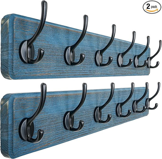 Coat Rack Wall: 24" Long, Patented, Heavy-Duty, 6-Double-Hooks Wooden Wall Mounted Coat Rack Coat Hanger Hook Rail for Winter Coats Hat Jacket Clothing, Weathered Blue, Pack of 2