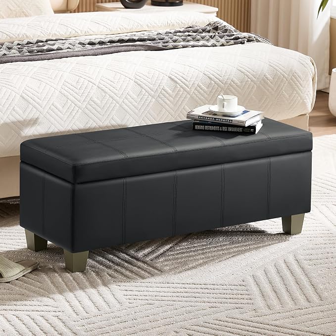 WUTUTUEE 41" Faux Leather Storage Ottoman, Stitch Tufted Rectangle Upholstered End of Bed Storage Bench, Entryway Large Couch Ottoman with Wooden Legs, Dark Black