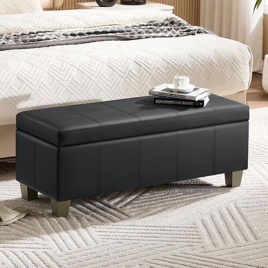 WUTUTUEE 41" Faux Leather Storage Ottoman, Stitch Tufted Rectangle Upholstered End of Bed Storage Bench, Entryway Large Couch Ottoman with Wooden Legs, Dark Black