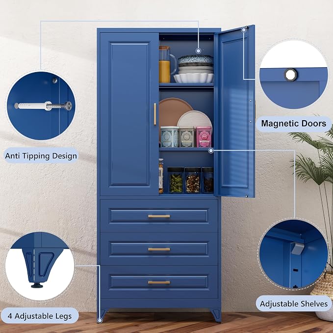 75" Metal Pantry Storage Cabinet with 3 Drawers, Blue | Sturdy SPCC Steel, Gold Handles, Adjustable Shelves,Anti-Tipping Kit, Leveling Feet, Easy Assembly for Kitchen Pantry