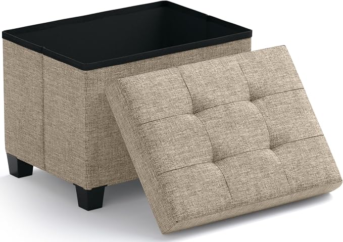 Ornavo Home Small Rectangle Storage Ottoman with Legs, 12x16x12, Tan/Taupe | Foot Rest Stool Seat; Holds Up to 600 lbs; Ideal for Living Room, Bedroom, Home Office or Dorm