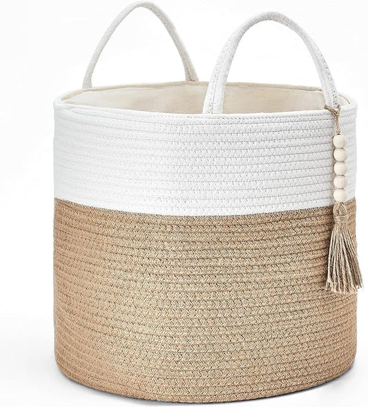 Mkono Woven Storage Basket for Blanket, Toys Plant Organizer, 16"W x 13.8"L | Cream White and Brown, Decorative Basket with Handle, Wood Beads Tassel, Shoes Towel Storage Bin, Living Room Bedroom Nursery