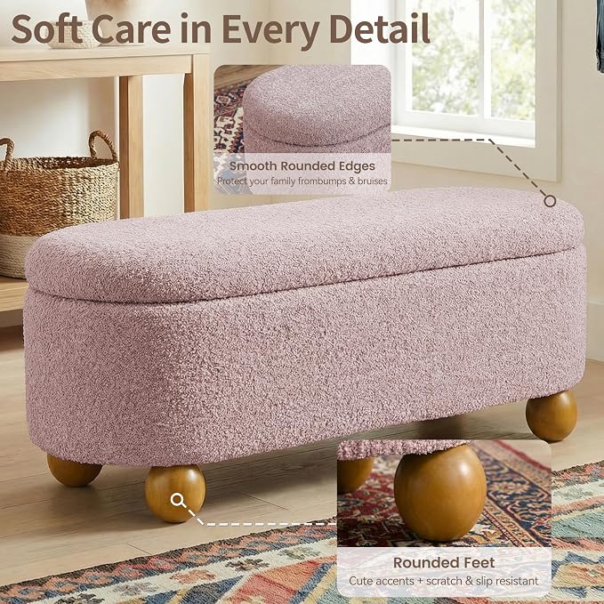 VKNOW 44.8" Storage Ottoman Bench End of Bed Bench with Hinge, Pink | Cute Spherical Solid Wood Stool Legs, Comfortable Fabric, No Assembly, Bedroom Living Room Entryway Dressing Areas