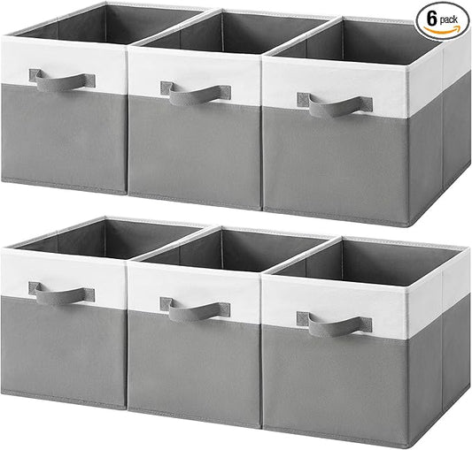 Cupic Cupid 11 Inch Storage Cube, Fabric Cube Storage Bin with Handles, Storage Cube Organizer for Clothes and Toys, Collapsible Cube Bins for Closet, Shelves, Nursery, 6-Pack, Gray and White
