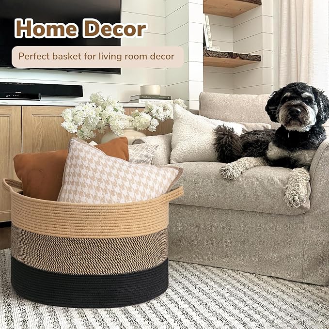 INDRESSME XXXLarge Woven Rope Blanket Basket Living Room, 90L | 21.7" x 13.8" Storage baskets for toys laundry & pillows. Fits living room, bedroom or nursery décor. Soft-touch with handles