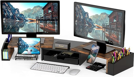 Simple Houseware Desk Dual Monitor Stand Riser with Drawer, Rustic Brown | Customizable Organizer Tray, Built-In Phone & Tablet Slot and Side Storage