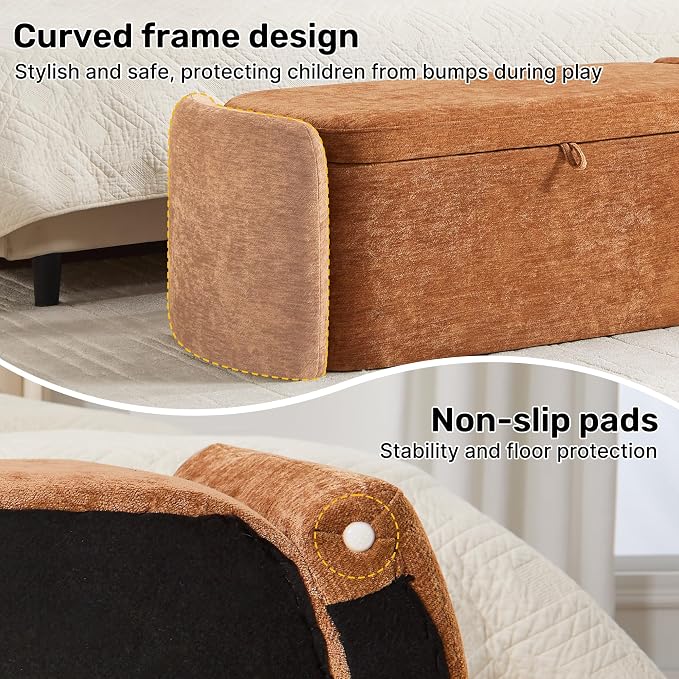Oval Storage Ottoman Bench, 45" Upholstered Chenille End of Bed Storage Bench, Foot Rest Ottoman with Storage, Bedroom Living Room and Hallway,Orange