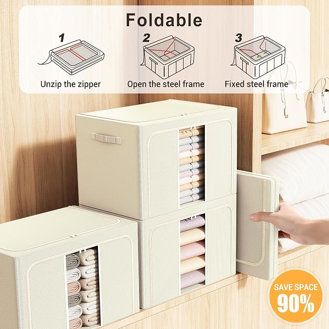 Clothes Storage Bins with Metal Frame, Foldable Clothes Organizers Storage Containers for Clothes, Sheets, Blankets, Pillows and Towels (66L, 3 Pack) Beige