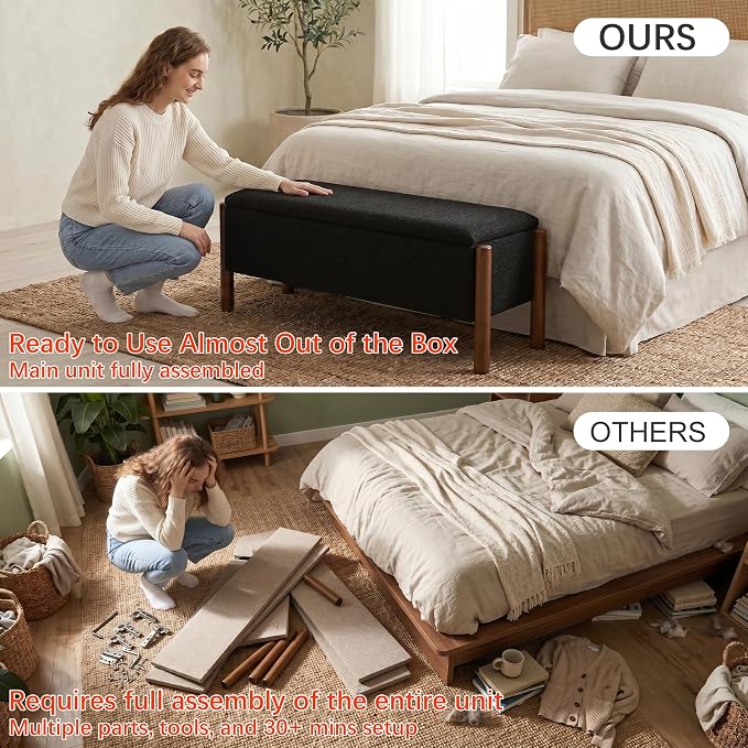 Storage Ottoman Bench, End of Bed Bench for Bedroom, 47" Boucle Upholstered Entryway Shoe Seat Bench, Holds up to 660 lb Storage Ottoman, Padded Blanket Chest Stool Foot Rest for Living Room Black