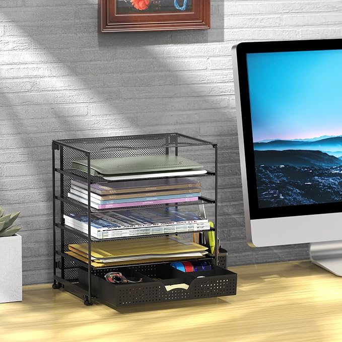 Simple Houseware 5-Tier Desk File Organizer w/Drawer & Pen Holder, Black | Desktop Tray Organizer for A4 Paper, Mail and Documents