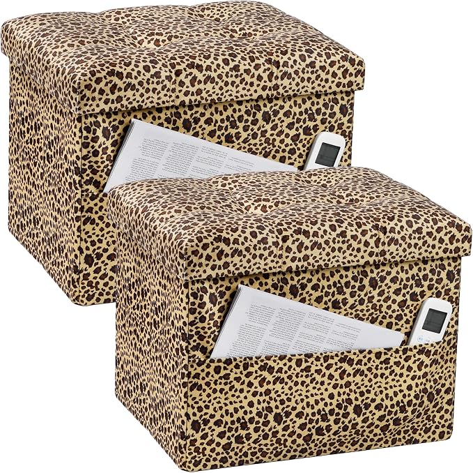 Bsketa Storage Ottoman, 17" Folding Velvet Foot Rest,Leopard Print 2 Pack | Small Ottoman with Side Pockets, Thicker Foam Padded Seat, Livingroom, Dorm, Bedroom, Easy to install, 43L,17x13x13in