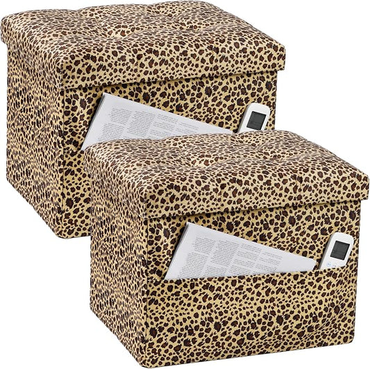 Bsketa Storage Ottoman, 17" Folding Velvet Foot Rest,Leopard Print 2 Pack | Small Ottoman with Side Pockets, Thicker Foam Padded Seat, Livingroom, Dorm, Bedroom, Easy to install, 43L,17x13x13in
