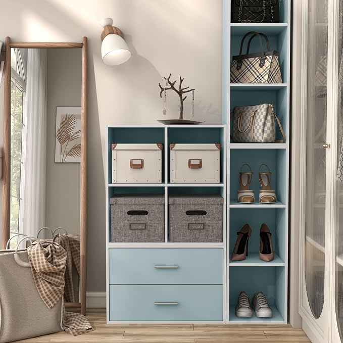 Homes: Inside + Out Apexa 4-Cube Storage Organizer Shelves, Stackable Wood Bookcase Fits Cubby Bins for Organization, Dorm Teen Room Decor & Home Office, Light Blue