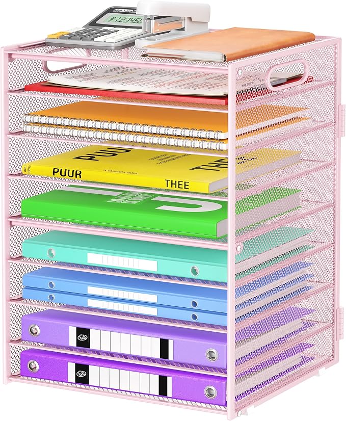 Cawukege 9 Tier Paper Organizer with Handle, Pink Large Capacity Desk Organizer Mesh File Folder Letter Paper Tray Desktop Document Sorter for Classroom, School, and Office Accessories Organization
