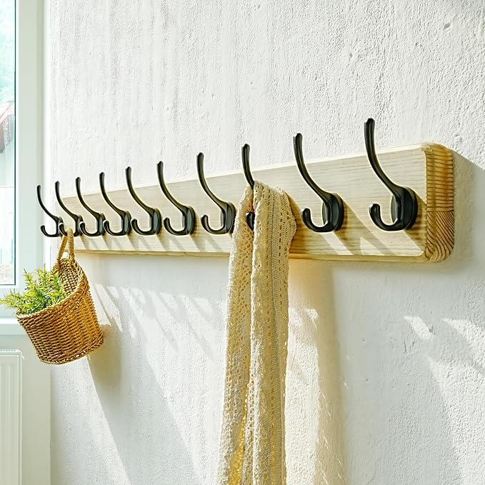 Coat Rack Wall: 38-1/4" Long, Patented, Heavy-Duty, 10-Double-Hooks Wooden Wall Mounted Coat Rack Coat Hanger Hook Rail for Winter Coats Hat Jacket Clothing, Light Brown