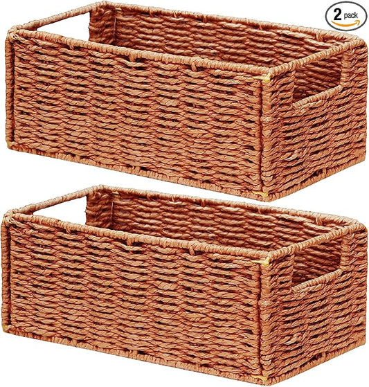 Vagusicc Wicker Storage Basket, Set of 2 Hand-Woven Paper Rope Wicker Basket, Small Storage Baskets for Organizing Toilet Paper, Foldable Small Cube Organizer Bins for Shelves (Orange)