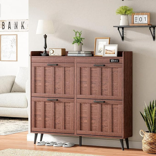 ChooChoo Shoe Storage Cabinet with 4 Flip Drawers and Deodorizer | Shoe Organizer Storage for Entryway, Freestanding Hidden Slim Narrow Shoe Rack Cabinet, Walnut