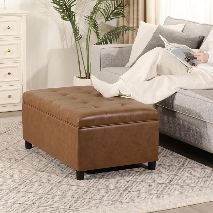 Joveco Rectangular Lift Top Storage Ottoman Bench, Faux Leather Storage Bench for Living Room Entryway Bedroom, Ochre Yellow