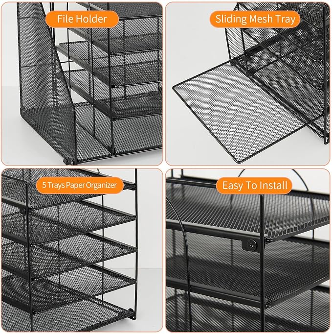 LEKETREE Desk Organizers and Accessories, 5-Tier Paper Letter Tray Organizer with File Holder, Desktop Organizer for Office Supplies (Black)